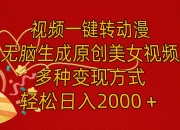 视频一键转动漫，无脑生成原创美女视频，多种变现方式，轻松日入2000＋